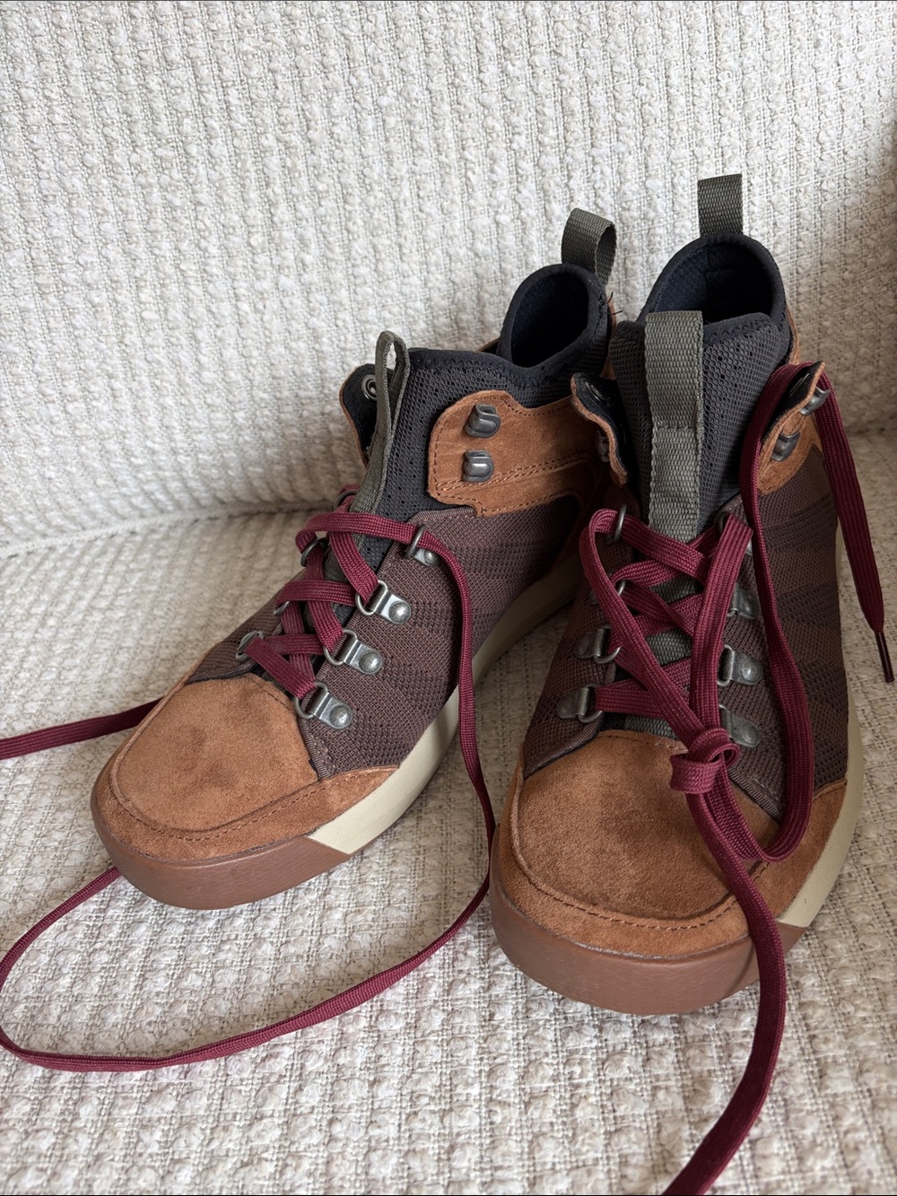 Brown Suede & Fabric High-Top Sneakers with Burgundy Laces. Worn once
